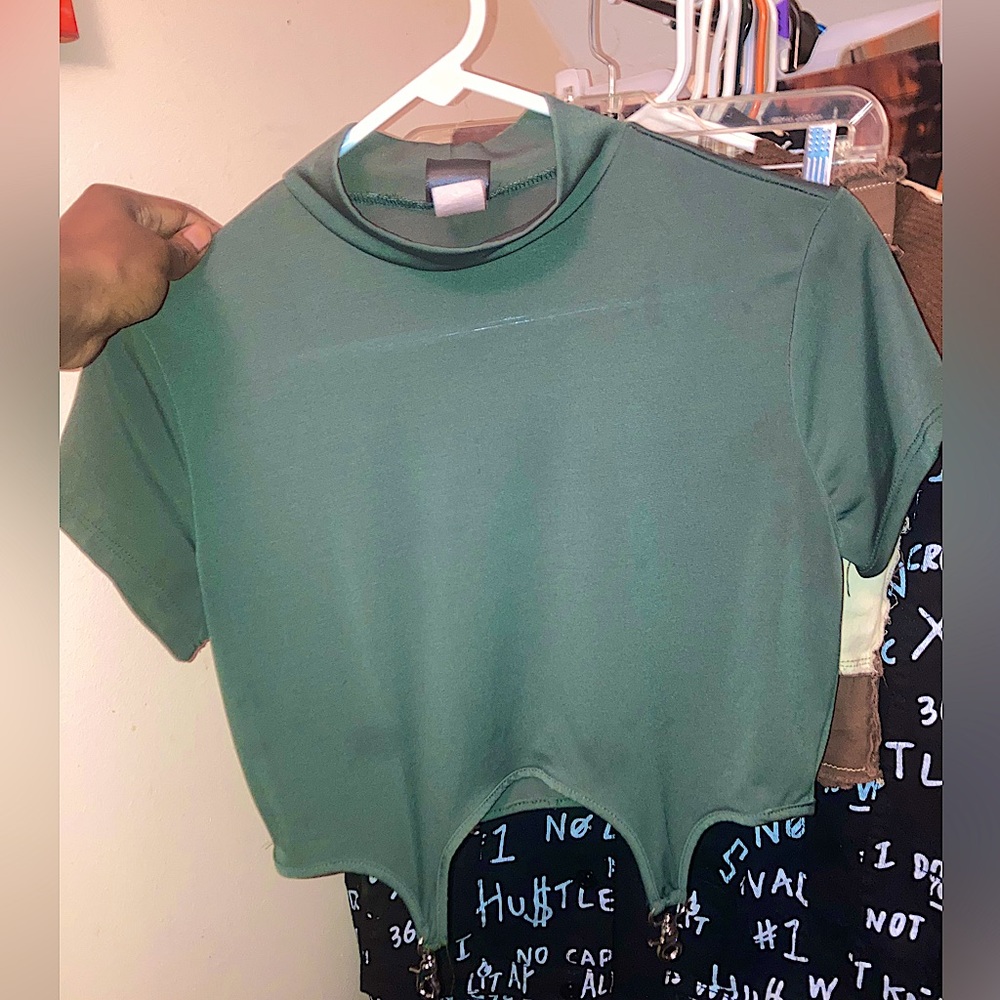 Rainbow~ Large, Mock Neck, Short Sleeve, Olive Green, Crop Top